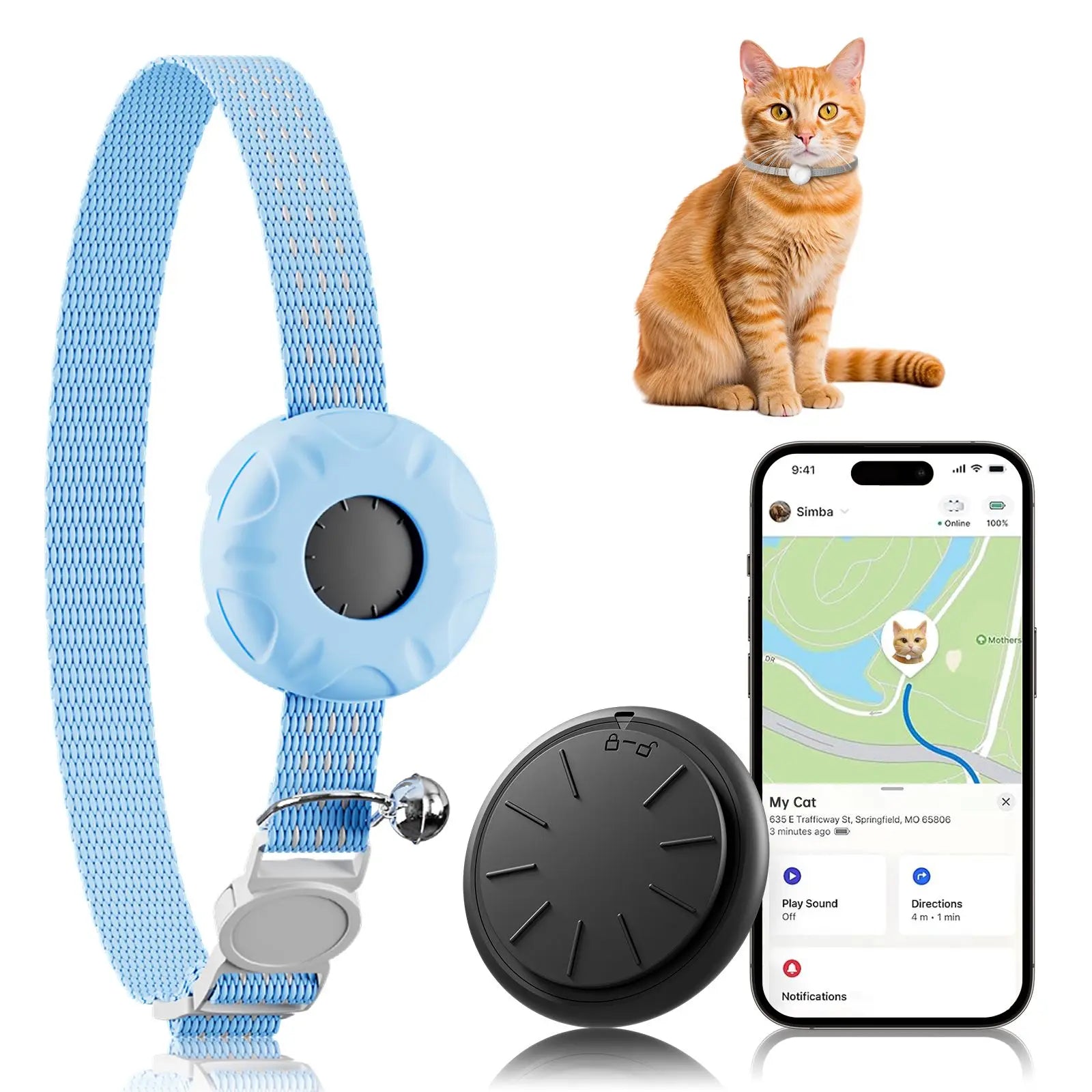 GPS Tracker, Waterproof Pet Tracker for Cats, Cat GPS Tracker Collar with Safety Elastic Buckle (Only iOS), No Monthly Fee