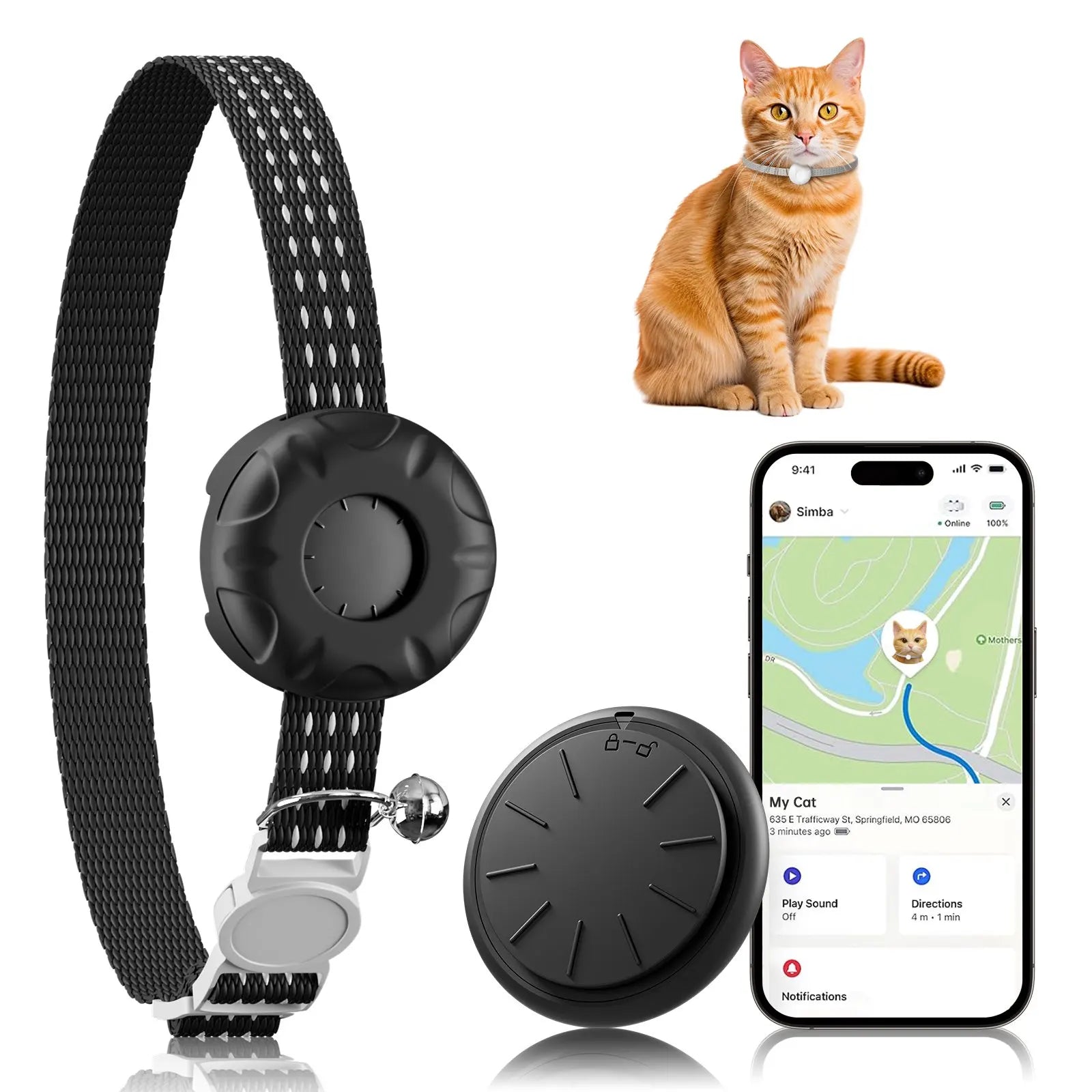 GPS Tracker, Waterproof Pet Tracker for Cats, Cat GPS Tracker Collar with Safety Elastic Buckle (Only iOS), No Monthly Fee