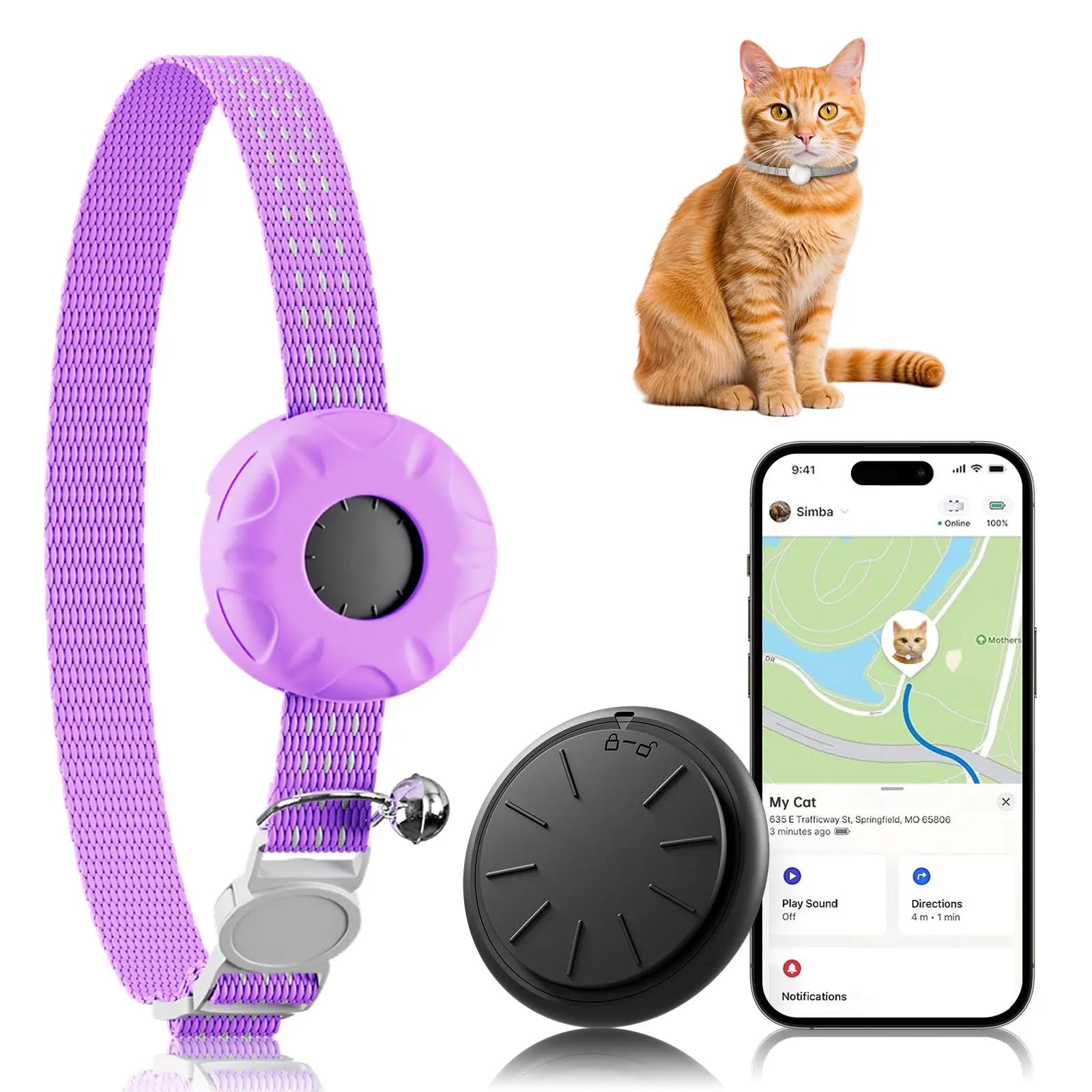 GPS Tracker, Waterproof Pet Tracker for Cats, Cat GPS Tracker Collar with Safety Elastic Buckle (Only iOS), No Monthly Fee