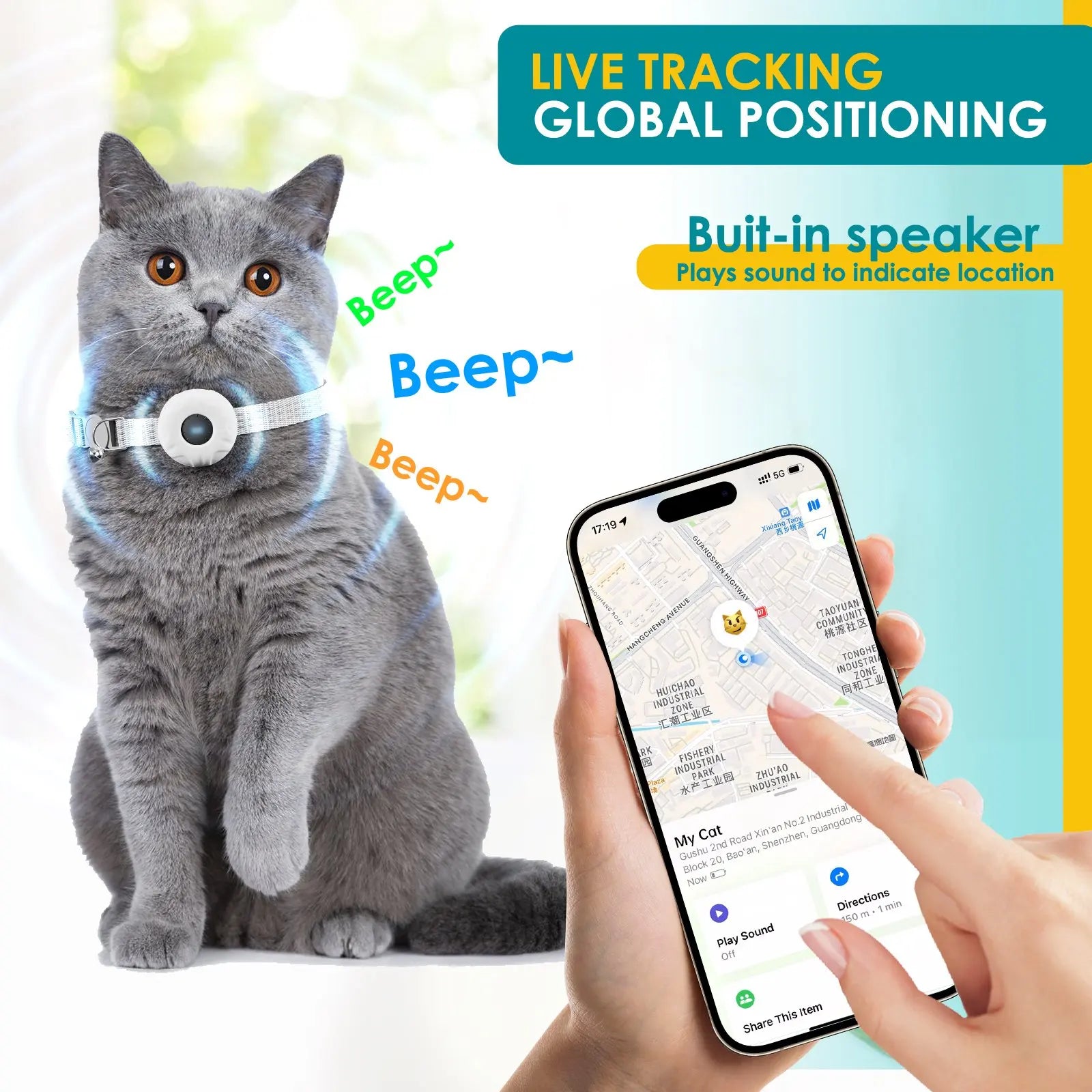 GPS Tracker, Waterproof Pet Tracker for Cats, Cat GPS Tracker Collar with Safety Elastic Buckle (Only iOS), No Monthly Fee