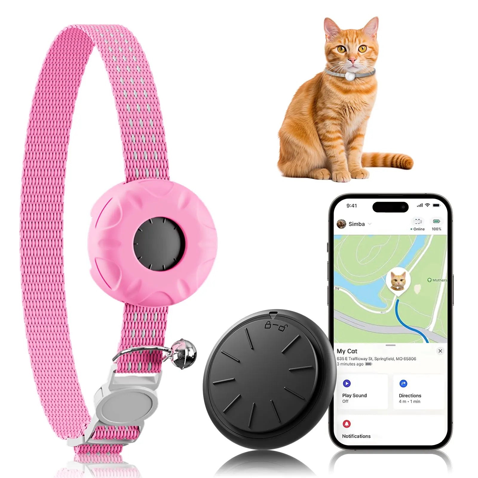 GPS Tracker, Waterproof Pet Tracker for Cats, Cat GPS Tracker Collar with Safety Elastic Buckle (Only iOS), No Monthly Fee