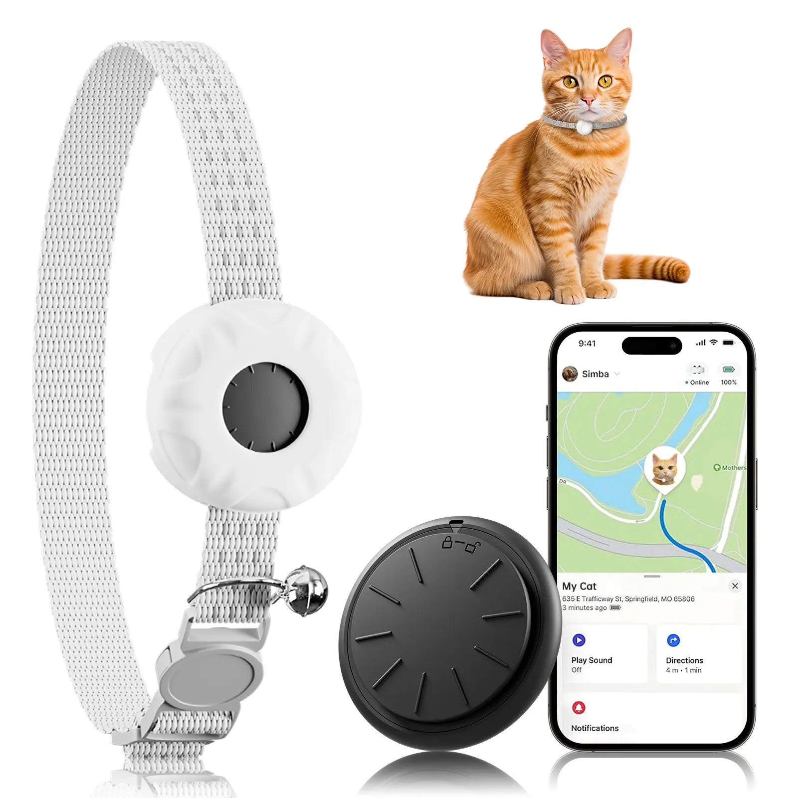 GPS Tracker, Waterproof Pet Tracker for Cats, Cat GPS Tracker Collar with Safety Elastic Buckle (Only iOS), No Monthly Fee